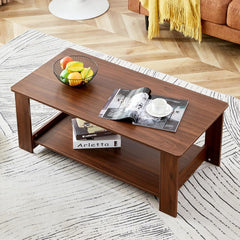 Rectangular Coffee Table,2-Tier Coffee Table with Storage Shelf,Minimalist White Center Table for Living Room (Walnut)