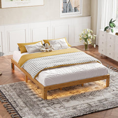12" Low Bed Frame, Wooden Bed Frame Queen Size with LED Lights and Power Outlet, Heavy Duty Low Profile BedFrame with Wood Slats, No Box Spring Needed, Noise-Free, Easy Assembly (Natural Wood+Brown)