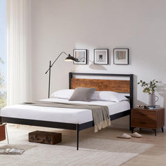 Kingfun Wood Headboard - Rustic Solid Queen Size Farmhouse Bed, Easy Assembly with Metal Slats, Brown