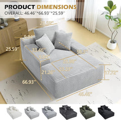 67" Oversized Chaise Lounge Chair Indoor – Deep Seat Corduroy Upholstered Sleeper Couch, Boneless Cloud Sofa Bed for Living Room Bedroom, No Assembly Required (Light Grey)