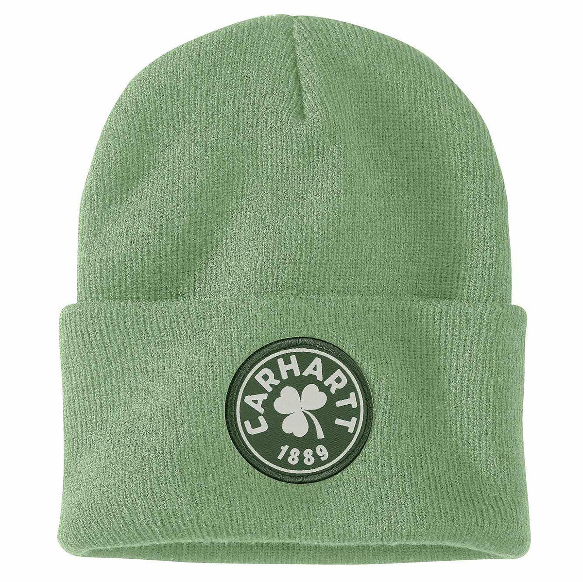 knit shamrock patch beanie
