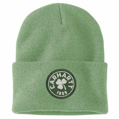 knit shamrock patch beanie