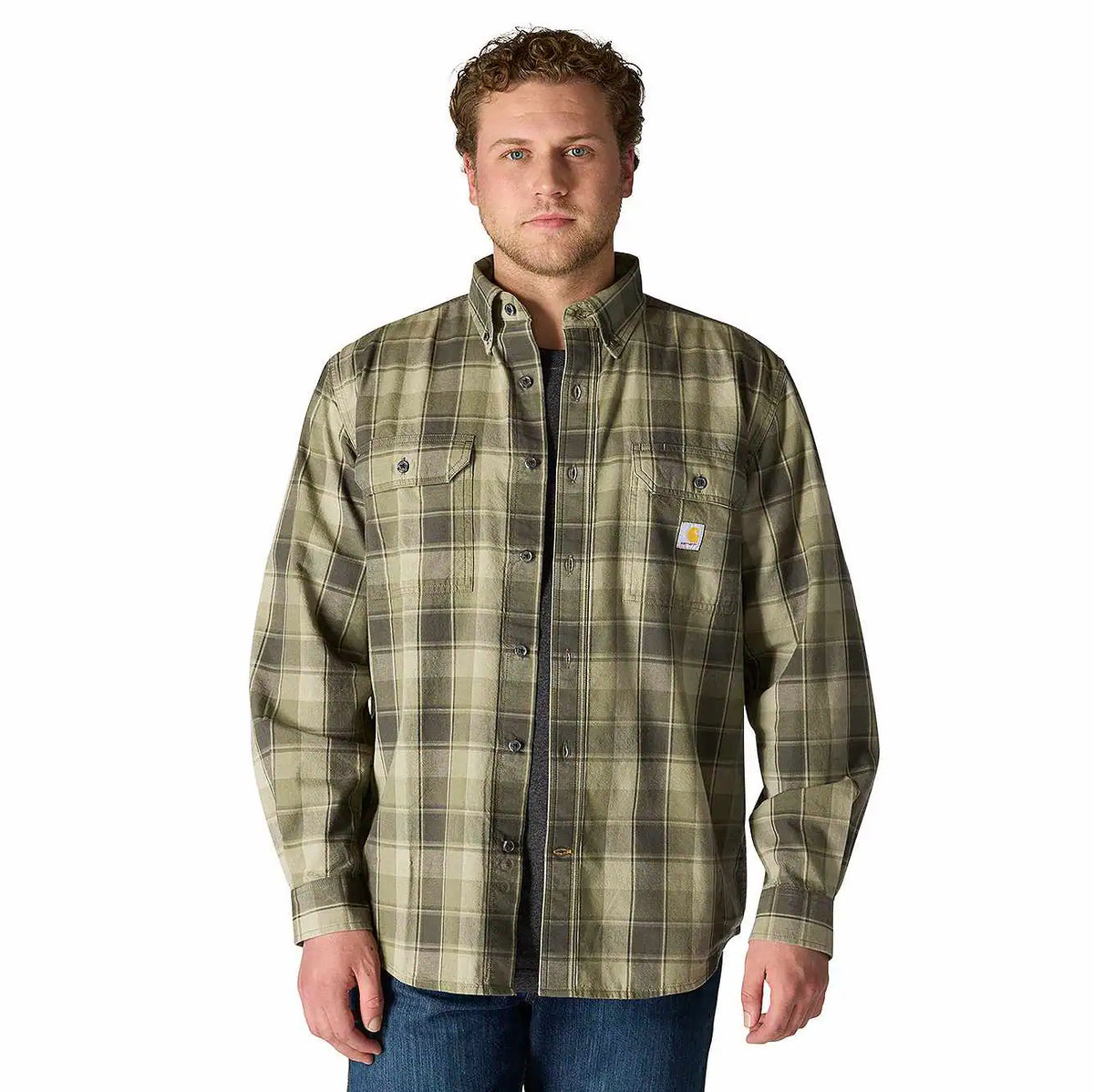 loose fit midweight chambray long-sleeve plaid shirt
