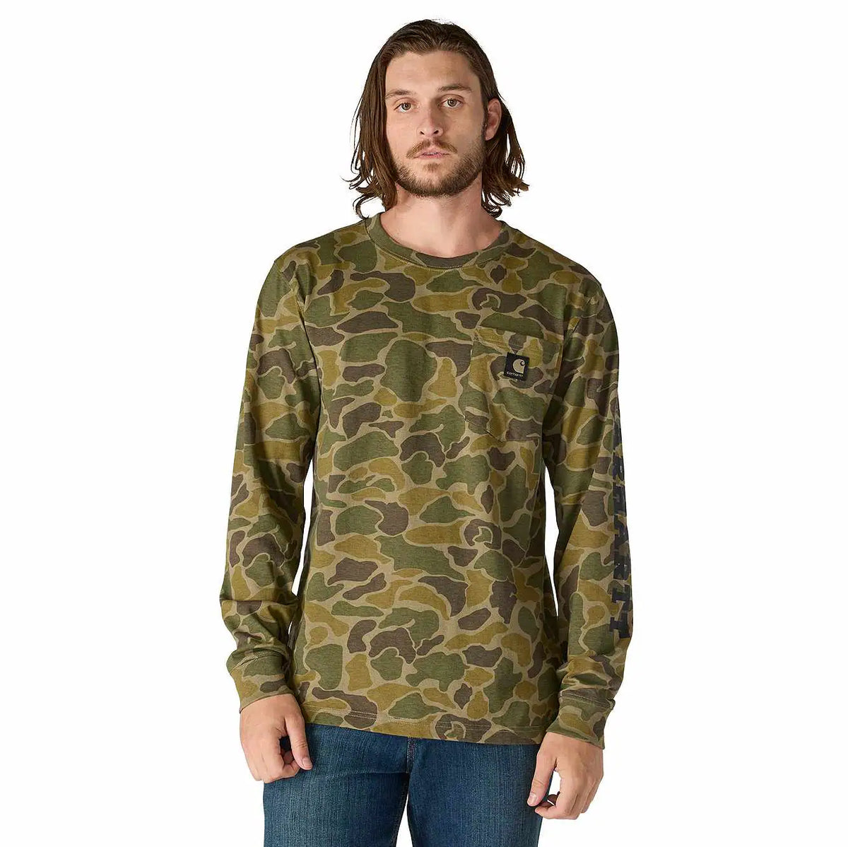 relaxed fit heavyweight long-sleeve pocket camo logo graphic t-shirt