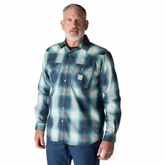 flame resistant montana relaxed fit midweight twill snap front plaid shirt