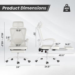 Ergonomic Office Chair with Footrest, Mesh Office Desk Chair with Headrest, High Back Computer Chair with Adjustable Lumbar Support for Home Office Study Room Bedroom (White & Black)