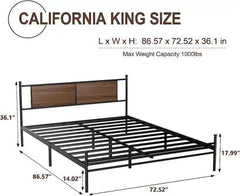 Full Size Metal Bed Frame with Headboard Industrial Steel Platform Bed No Box Spring Needed Heavy Duty 800lbs Capacity Wood Accent Queen Mattress Foundation
