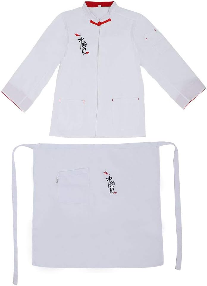 Vintage Unisex Cook Chef Jacket Long Sleeve with Apron humidity Absorption Strip Retro Button Practical Pocket 2Pcs Set Male Female Cotton White Black L XXL Kitchen Resta (XXL:175-185)