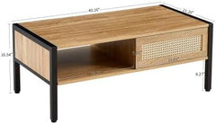 Modern Coffee Table with Storage, Sliding Rattan Doors, Solid Wood Top and Metal Frame for Living Room (White)