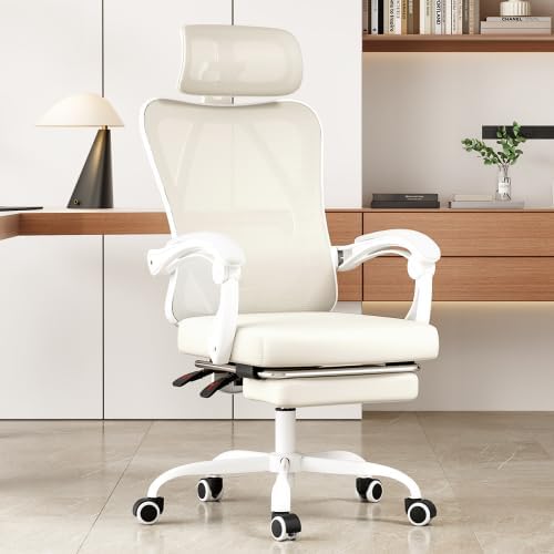 Ergonomic Office Chair with Footrest, Mesh Office Desk Chair with Headrest, High Back Computer Chair with Adjustable Lumbar Support for Home Office Study Room Bedroom (White & Black)