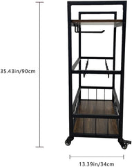 3-Storey Home bar Trolley on Wheels, Wine cart, Beverage cart, Rolling Beverage cart with Wine Rack and Glass Rack, Kitchen, Living Room, Dining Room Service cart, Black