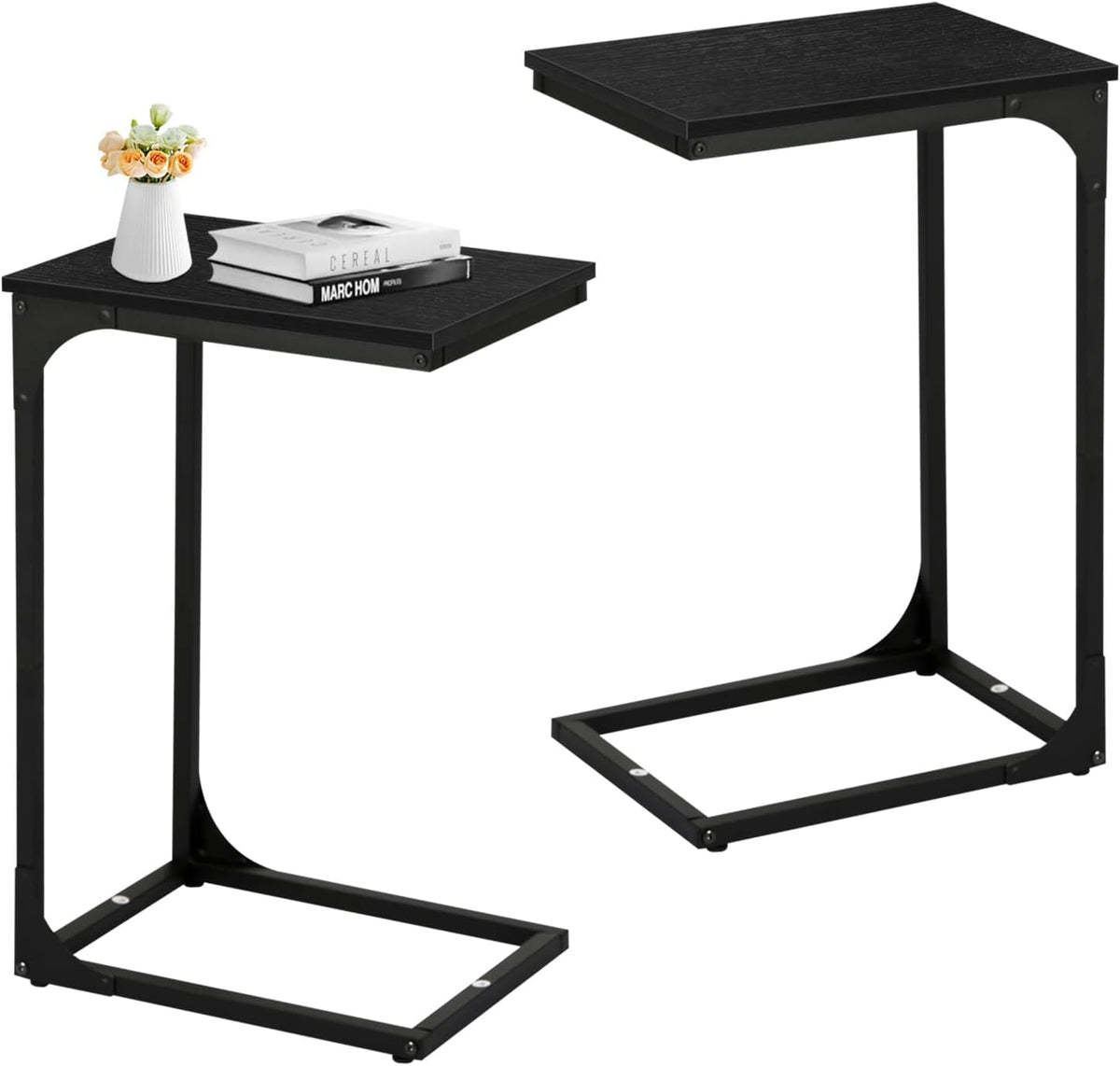 Small Side Table Set of 2, C-Shaped End Table Wood Bedside Table Snack Side Table for Sofa C Table for Couch, Living Room, Bedroom, Narrow Side Table with Metal Frame and Adjustable Feet, Brown