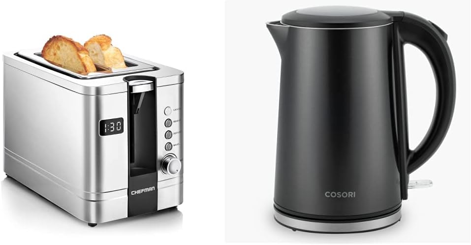 Chefman 2-Slice Digital Toaster, Pop-Up, Stainless Steel & COSORI Electric Kettle Stainless Steel With Double Wall, 1.5L Wide-Open Lid Electric Tea Kettle, Black