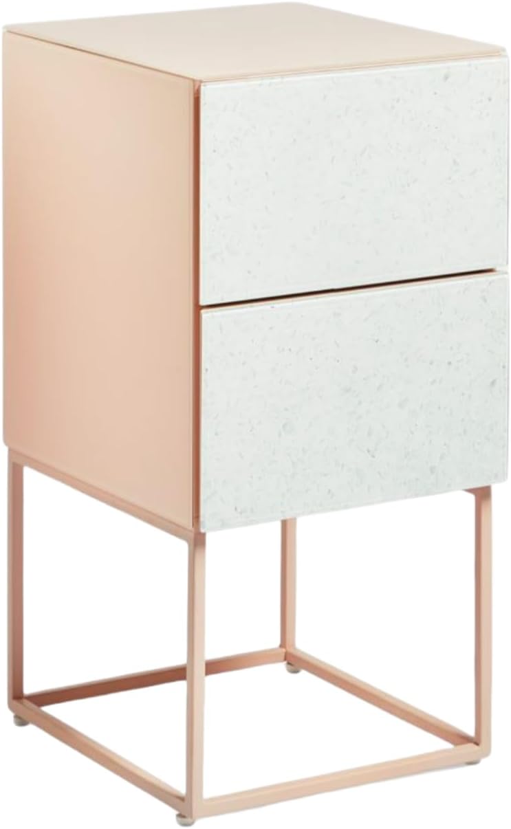 JvFun Tempered Glass Nightstand with Marble Top, Double Drawer Bedside Table for Bedroom & Living Room, Modern End Table with Metal Frame (Green Gloden)