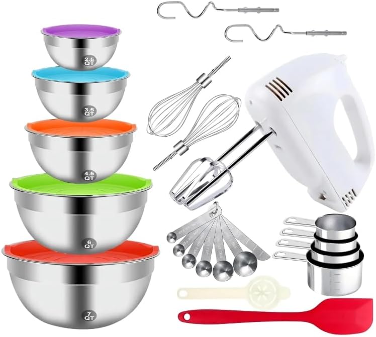 7-Speed Electric Hand Mixer,5 Large Mixing Bowls Set,Handheld Mixers with Whisks Beater,Stainless Steel Metal Nesting Bowl Measuring Cups Spoons Kitchen Cake Blender for Prep Baking Supplies