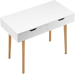 Small Desk with Drawers, Bedroom Desk, Study Table - White + Wood MDF Computer Writing Desk for Home Office