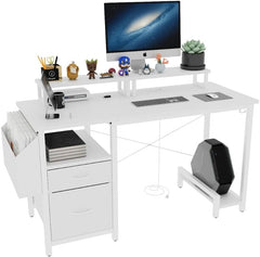 47.3" White Modern Computer Desk - Power Outlet, 2 Monitor Stands, 2 Drawers for Home & Gaming, Monitor Stands, Adjustable Feet Gaming Desk, Office Desk