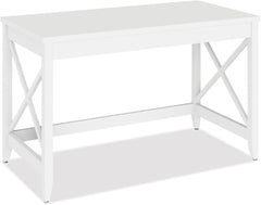 Farmhouse Writing Desk 47 Inch White Finish Modern Rustic Office Table Sleek Minimalist Home Workstation Compact Computer Desk Durable Wood Surface for Study Bedroom or Creative Studio