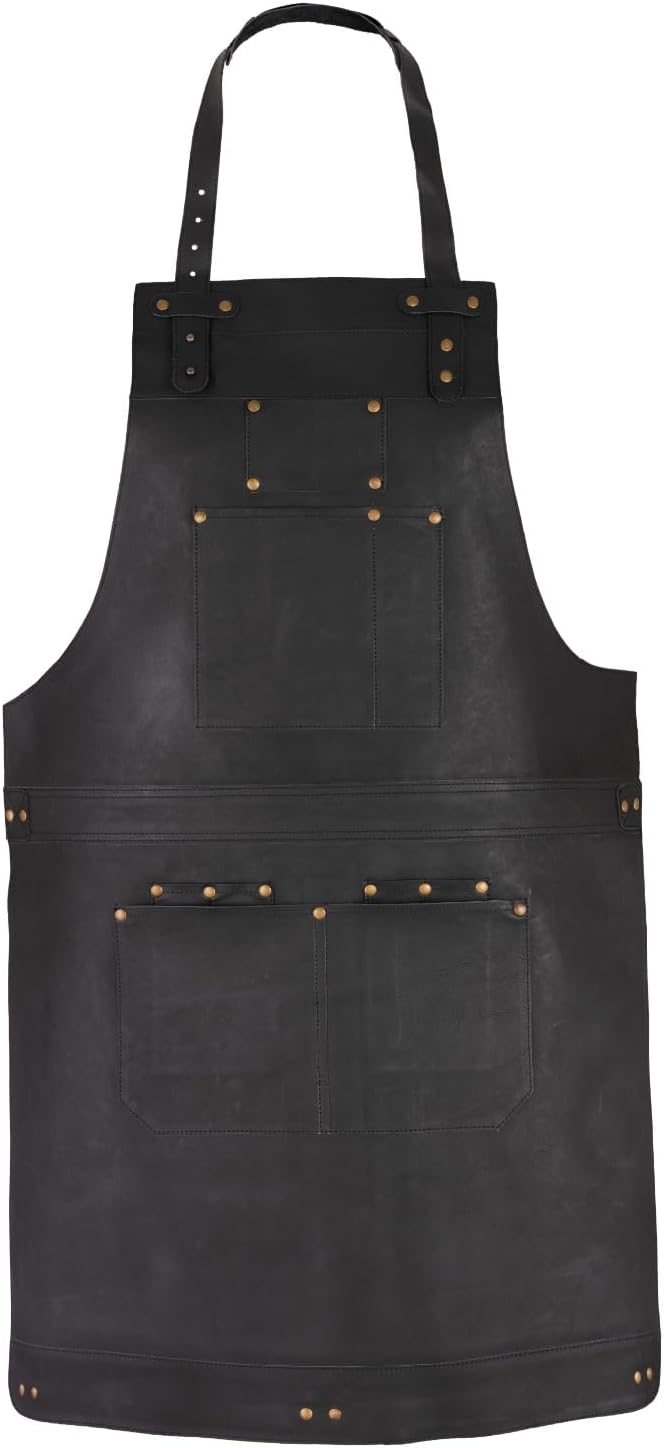 Full Grain Leather Apron, Dark Brown, Black, Green, Crossbody Bib Style for Butcher, Cook, BBQ, Barber, Woodwork, Blacksmith (Black)
