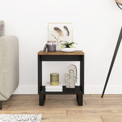 Solid Acacia Wood Coffee Table with Matte Black Frame, Spacious Open Storage Shelf for Living Room, Modern Minimalist Design Center Table for Home Decor