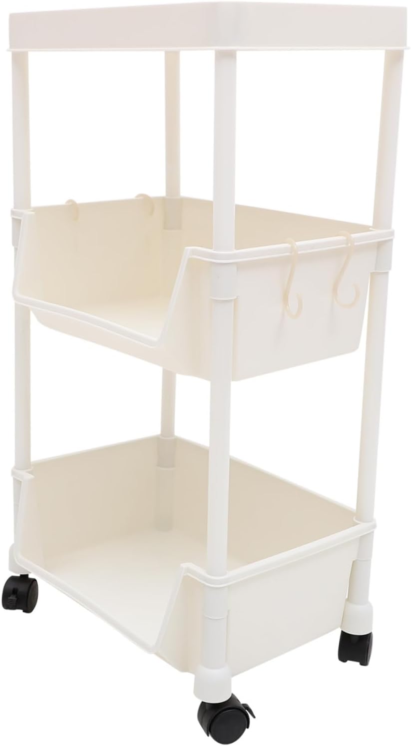 GLEAVI Movable Rolling Bookcase Lockable Wheels 3-Tier Storage Organizer White Multi-Layer Bookshelf for Home Easy to Move Utility Rack for Books and Sundries