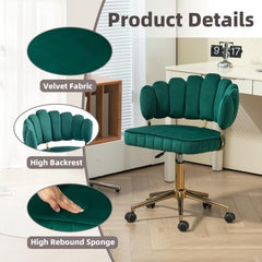 Velvet Home Office Desk Chair with Tufted Design, Modern Swivel Computer Chair with Adjustable Height, Accent Armchair on Wheels for Girls and Women, Perfect for Home Office and Study (Emerald)