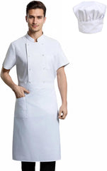 Maizoon 3-Piece Chef Uniform Set Double-Breasted Short Sleeve Jacket with Adjustable Apron & Hat Breathable Kitchen Outfit