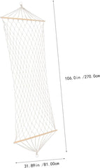 POPETPOP Single Person Outdoor Hanging Bed Hammock with Wood Frame and Cotton Rope Firm Camping Mesh Swing for Indoor and Outdoor Relaxation Beige
