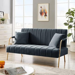 Velvet Loveseat Sofa with 2 Throw Pillows, Fabric Sofa with Metal Legs for Small Space Tufted Cushions Soft Sectional 2-Seat Couch for Living Room, Office, Apartment (Dark Gray)