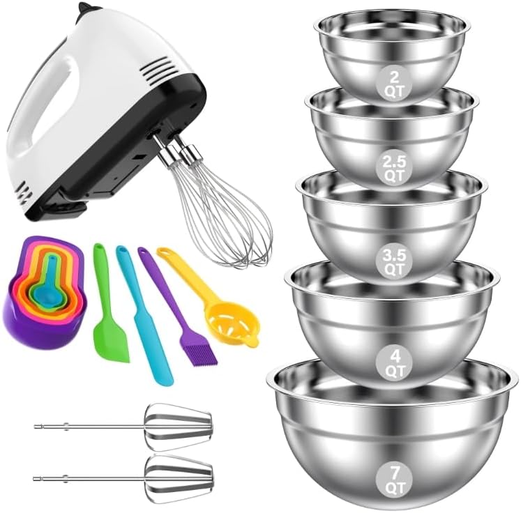 7-Speed Electric Hand Mixer, 5 PCS Mixing Bowls Set, Metal Nesting Storage Bowls for Kitchen, Size 7, 4, 3.5, 2.5, 2 QT, Great for Prep, Baking, Serving
