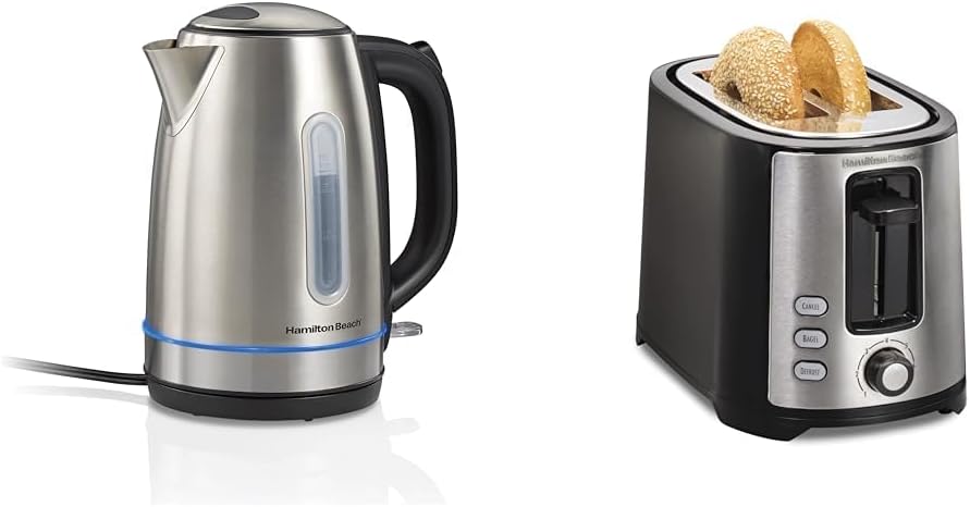 Hamilton Beach 1.7L 1500W Cordless Electric Kettle with Auto Shutoff and Boil-Dry Protection & 2 Slice Extra Wide Slot Toaster with Bagel & Defrost Settings