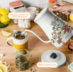 Beautiful Electric Gooseneck Kettle, Stainless Steel, 1L, 1200W, Auto Shut-Off, Pour-Over Coffee and Tea (Wildflower White Icing)