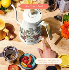 Beautiful Electric Gooseneck Kettle, Stainless Steel, 1L, 1200W, Auto Shut-Off, Pour-Over Coffee and Tea (Wildflower White Icing)