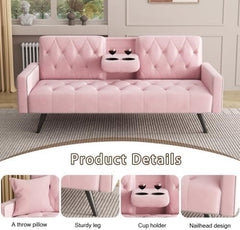 72" Pink Velvet Futon Couch Living Room Couch Bed Convertible Sleeper Sofa Bed with Cup Holder for Bedroom Guest Bed 2 Seater Reclining Sofas Couches with Nailhead Trim for Small Space (Pink)