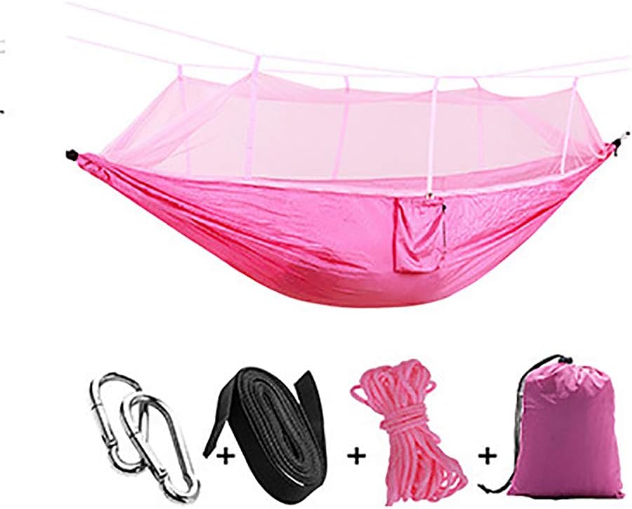 Generic 260cm X 140cm Hammock Single Double Camping Lightweight Portable Road Indoor Outdoor Garden Hammock Swing with Mosquito Net, Pink