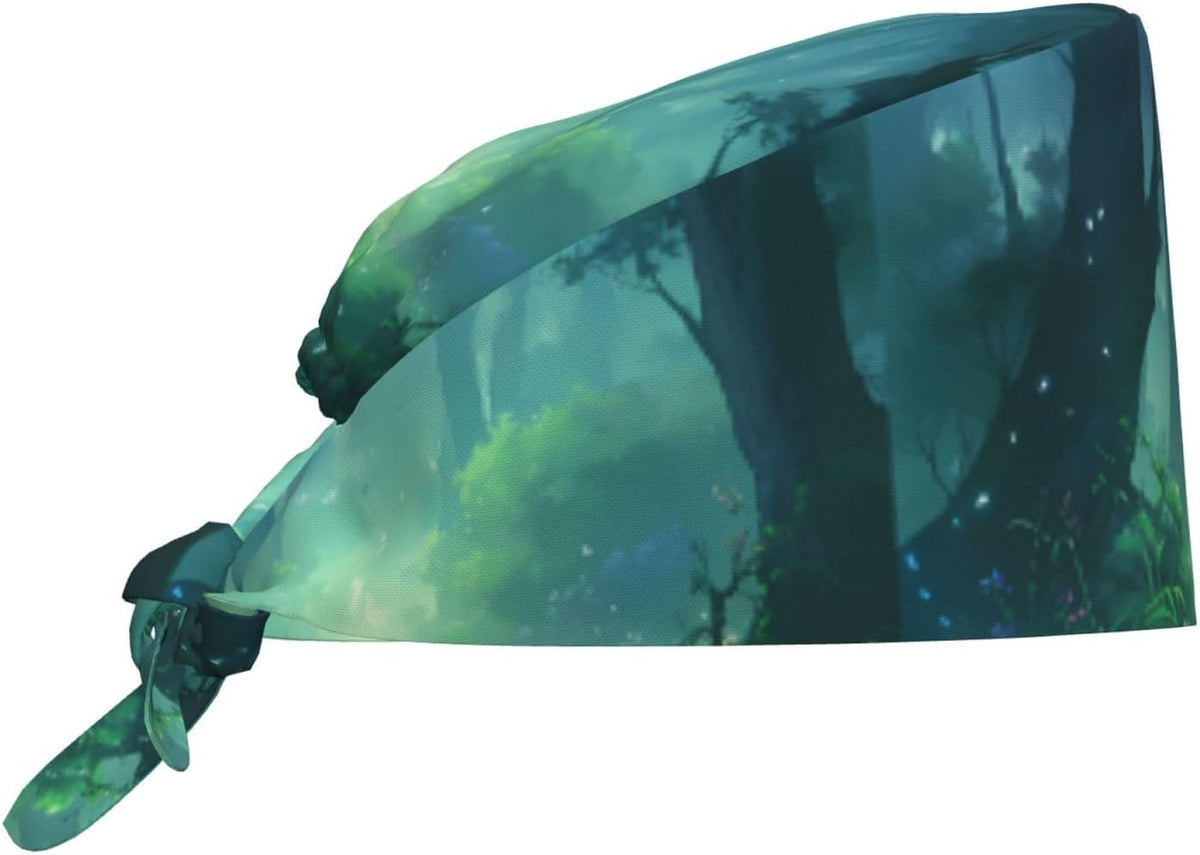 Cleaning Working Cap Misty Green Forest Printed Chef Hat for Women & Men, Adjustable, Breathable