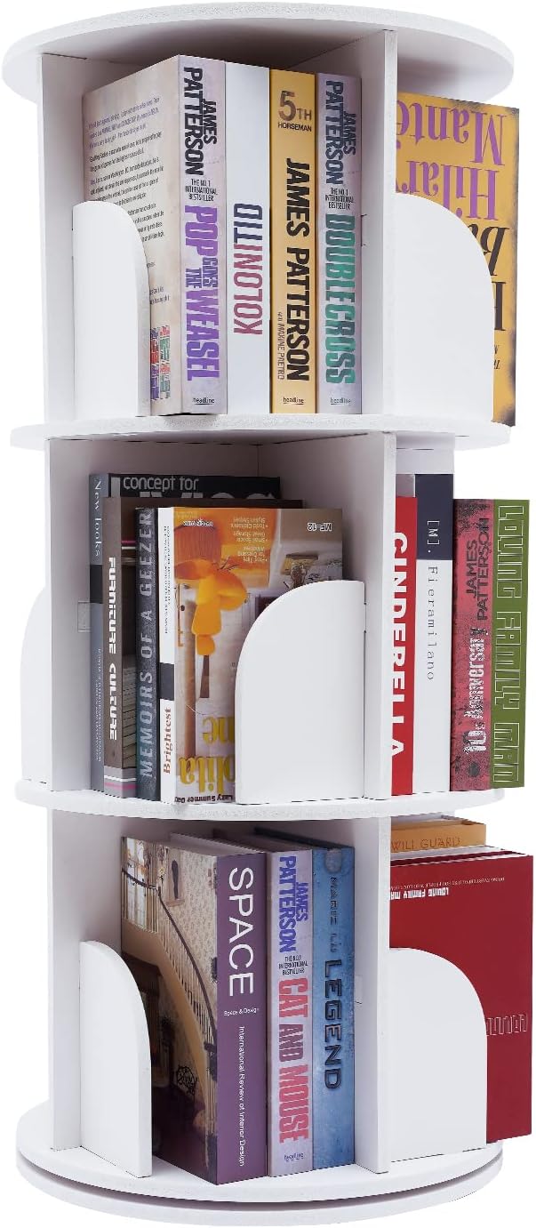 Rotating Bookshelf Tower, 360 Display Floor Standing Bookcase Storage Rack for Kids&Adults, Revolving Book Shelf Storage Round Carousel, Vertical Rotate Turning Spiral Corner Organizer, White (2 Tier)