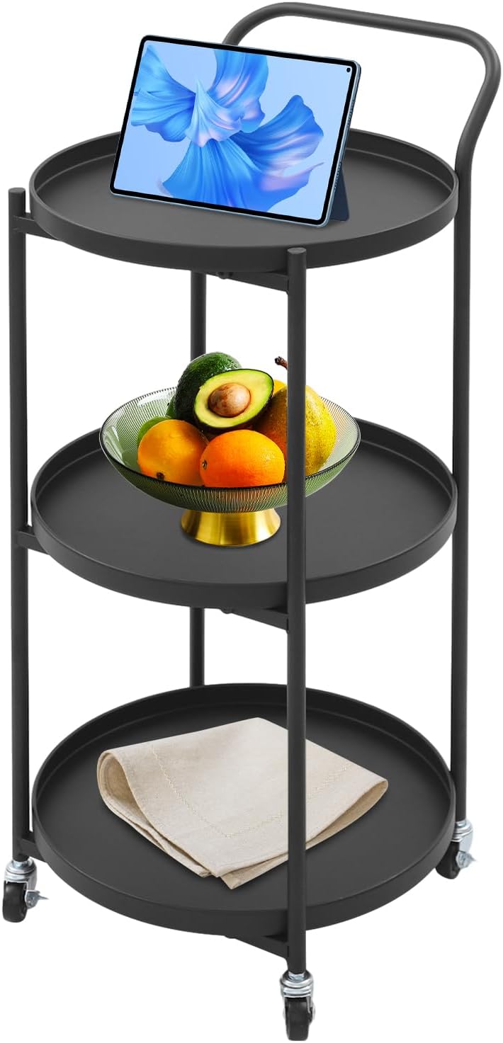 Round 3-Tier Rolling Bar Cart, Metal Frame Serving Cart with Wheels Handle, Mobile Storage Carts for Kitchen Dining Room Living Room (White)