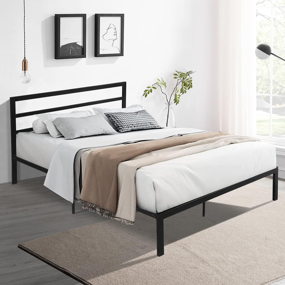 Queen Bed Frame with Headboard & Footboard, 12 Inch High Heavy Duty Metal Platform Bed Frame Queen Size No Box Spring Needed/Large Under Bed Storage Space/Anti-Slip/Noise-Free (Queen, Black)