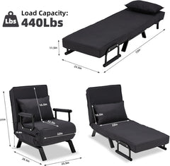 Convertible Sofa Bed Sleeper Chair,Single Person Chaise Lounge Couch with Pillow,Upholstered Lazy Bed with 6 Angles Adjustable Backrest,Folding Sofa Arm Chair for Apartment/Office/Home (Light Gray)