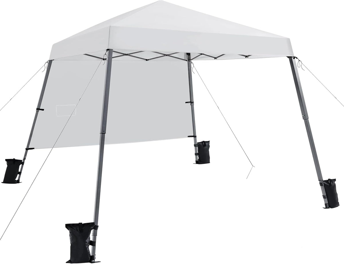 Yaheetech Pop Up Canopy Tent with Backpack, 10x10 Base Portable Easy One Person Setup Folding Shelter Compact Lightweight Slant Leg Canopy with 1 Sidewall, 8x8 Top, Silver-Coated White