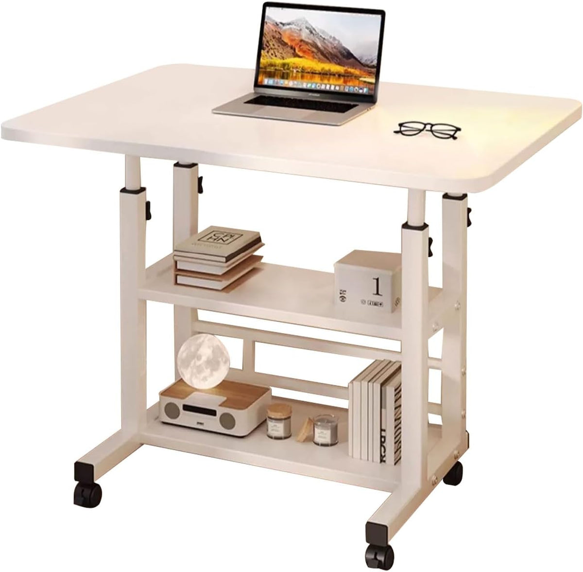 AIZYR Portable Desk Bedside Laptop Table with Wheels and Storage Shelves, Height Adjustable Computer Rolling Desk Student Desk for Home Office,White,60 * 40 * 60 cm
