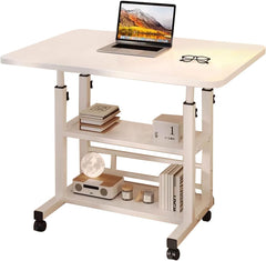 AIZYR Portable Desk Bedside Laptop Table with Wheels and Storage Shelves, Height Adjustable Computer Rolling Desk Student Desk for Home Office,White,60 * 40 * 60 cm