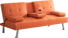 67" Red Futon Sofa Bed, PVC Upholstered Loveseat Sofa, Double Fold Sleeper Couch with Coffee Table and Removable Armrests for Living Room Office Apartment (Red)