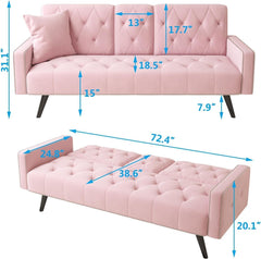 72" Pink Velvet Futon Couch Living Room Couch Bed Convertible Sleeper Sofa Bed with Cup Holder for Bedroom Guest Bed 2 Seater Reclining Sofas Couches with Nailhead Trim for Small Space (Pink)
