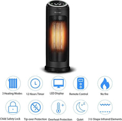 COSTWAY 1500W Oscillating Tower Infrared Heater Fan with Remote, Digital Thermostat & 12H Timer, Portable Electric Heater for Indoor Use, Home, Bedroom