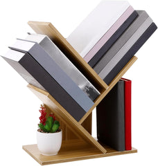 Cabilock Wooden Tree Bookshelf Compact Desktop Bookcase for Students and Home Office Space-Saving Storage Rack Light Walnut Finish Easy to Assemble and Stylish Decor