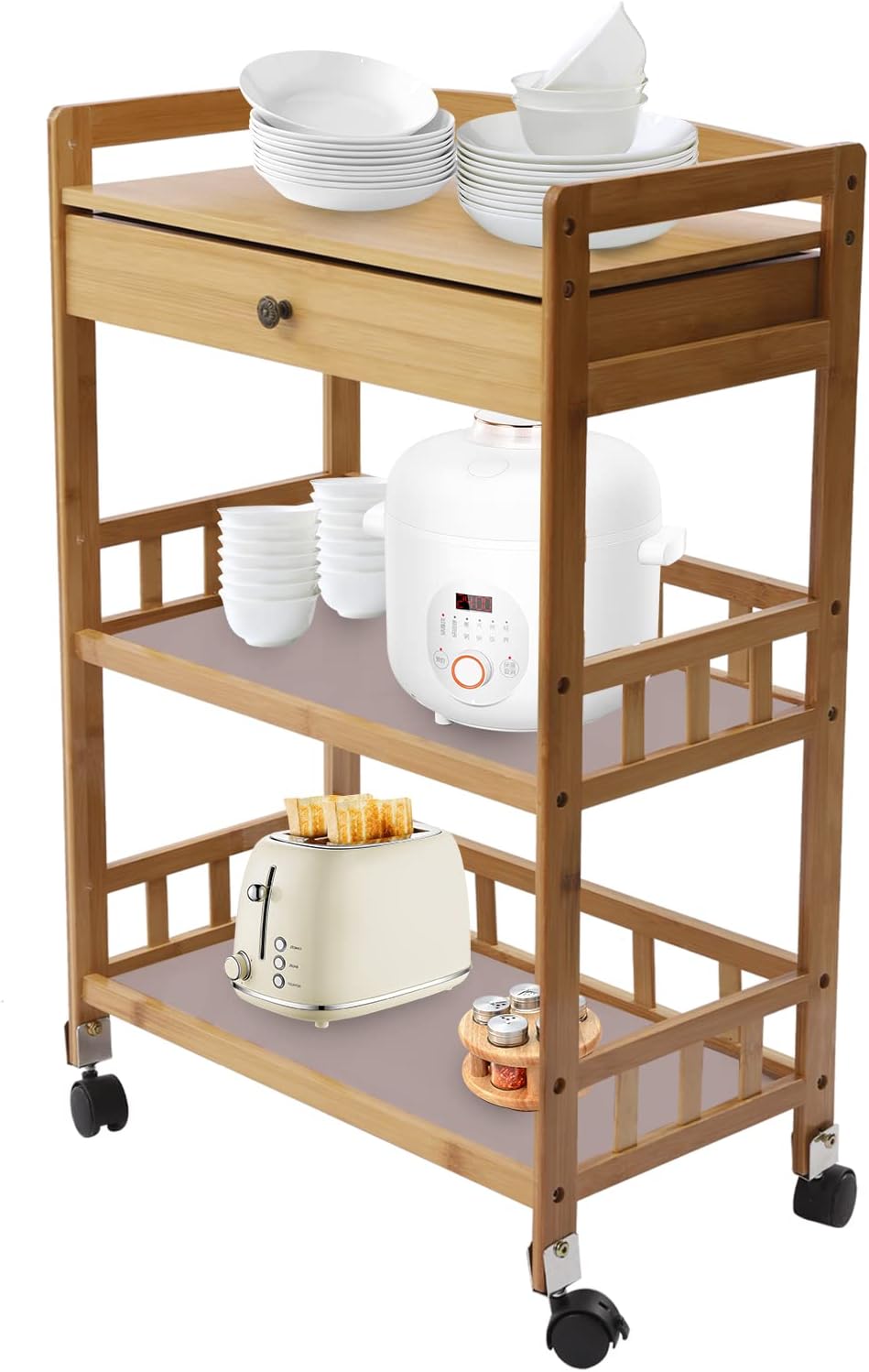 3-Tier Wooden Mobile Serving Cart with Lockable Wheels,Kitchen Storage Cart with Drawer, Home Bar Serving Cart,Multifunction Utility Cart for Kitchen Dinning Room Living Room Bar