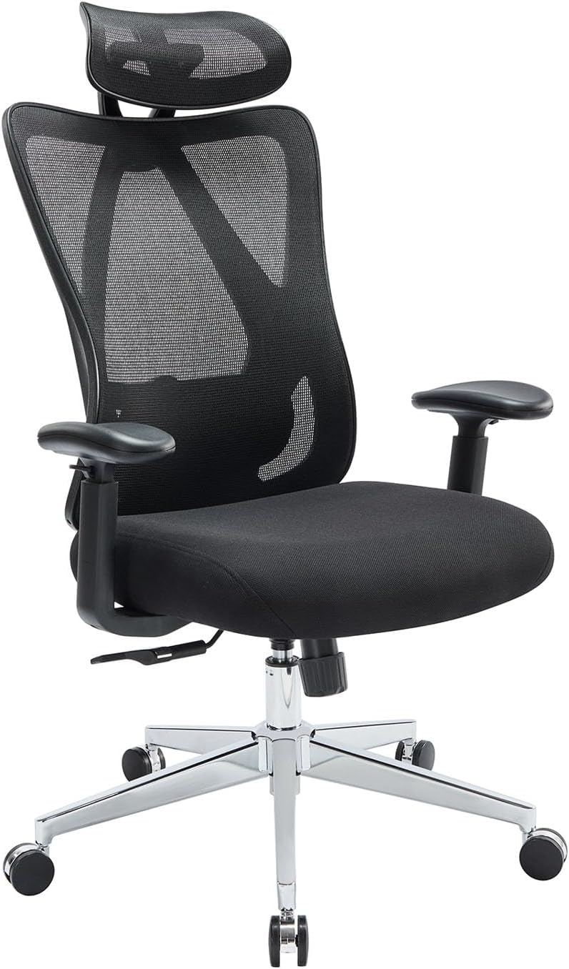 Ergonomic Office Chair with Seat Back & headrest Adjustable, Mesh Office Chair with Height Adjustable & Flip-up Arms, High Back Desk Chair with Wheels and KD Chrome Metal Legs