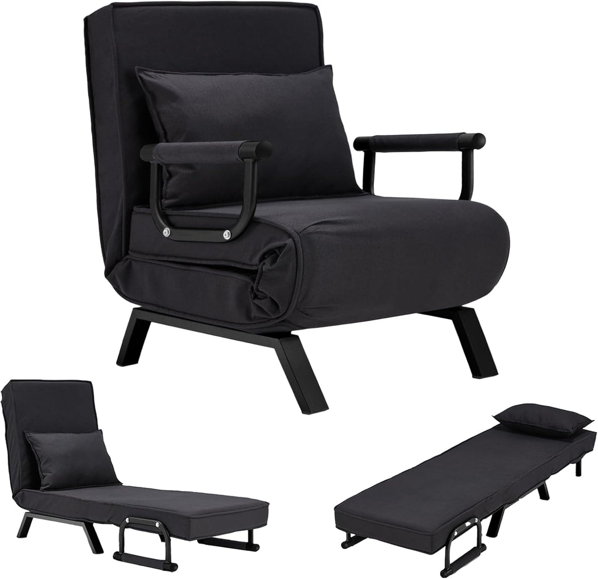 Convertible Sofa Bed Sleeper Chair,Single Person Chaise Lounge Couch with Pillow,Upholstered Lazy Bed with 6 Angles Adjustable Backrest,Folding Sofa Arm Chair for Apartment/Office/Home (Light Gray)